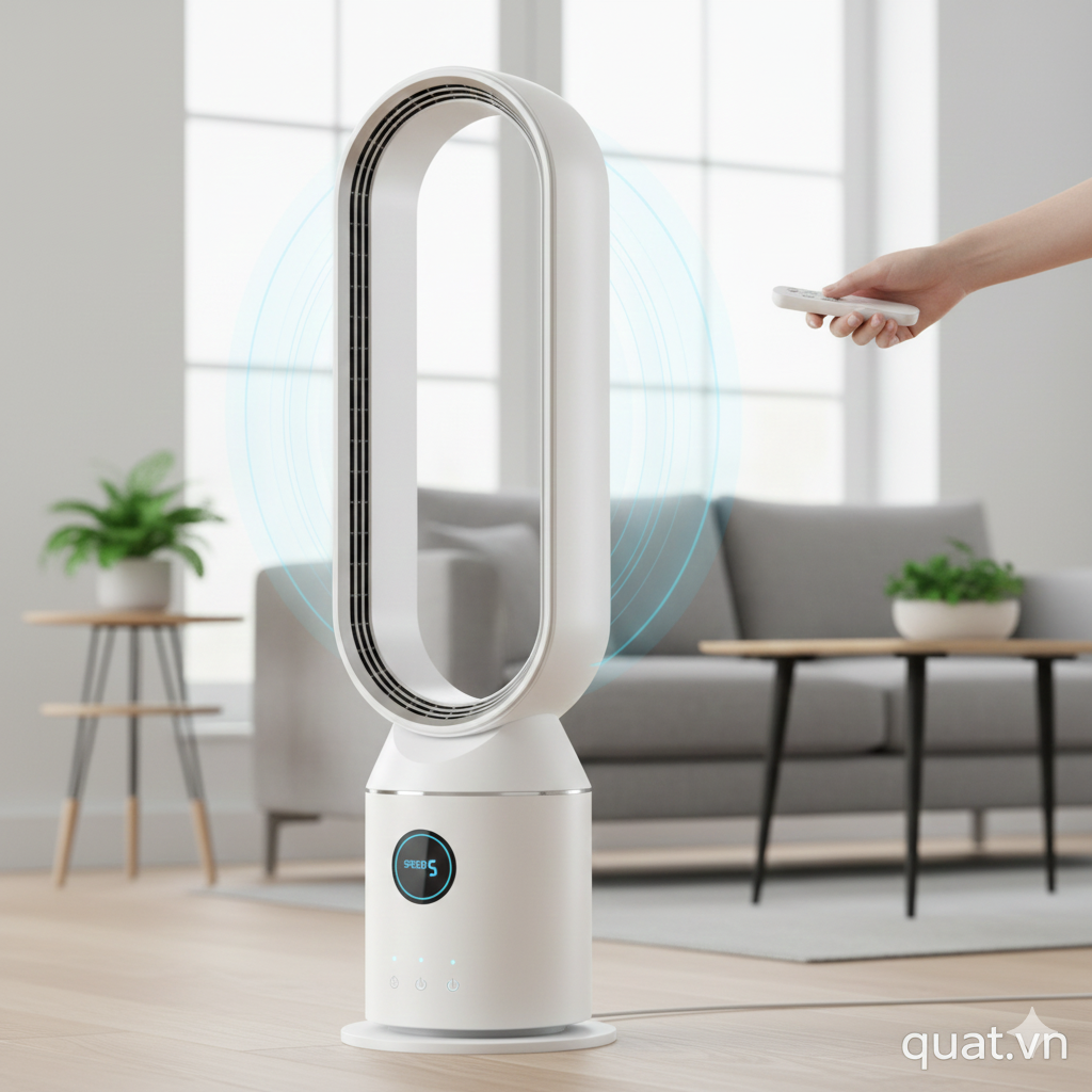 Quạt Không Cánh đứng màu trắng, thiết kế hình trụ hiện đại, đặt trong phòng khách hoặc phòng ngủ, an toàn cho trẻ nhỏ.